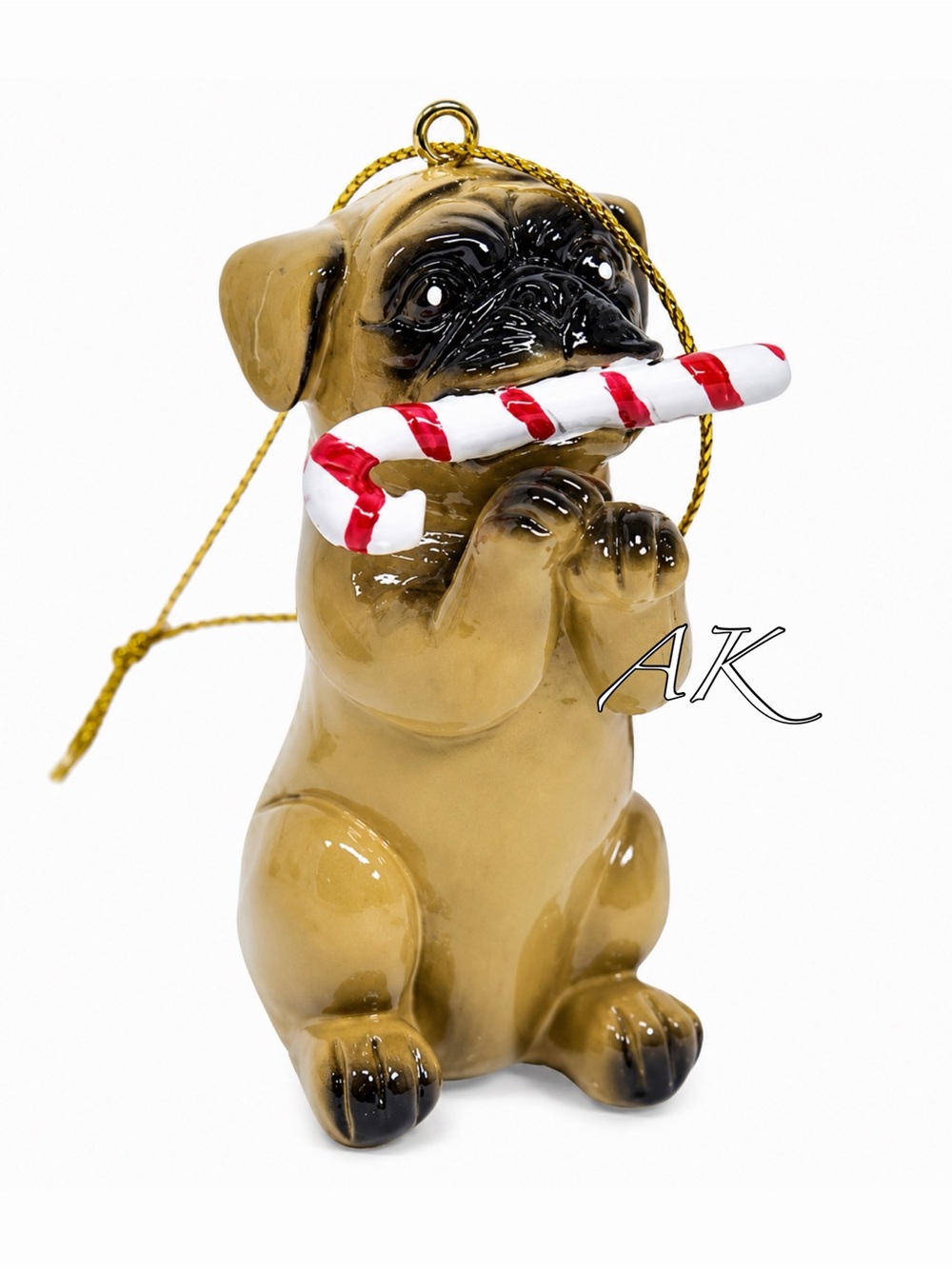Pug w/ Candy Cane Christmas Tree Ornament